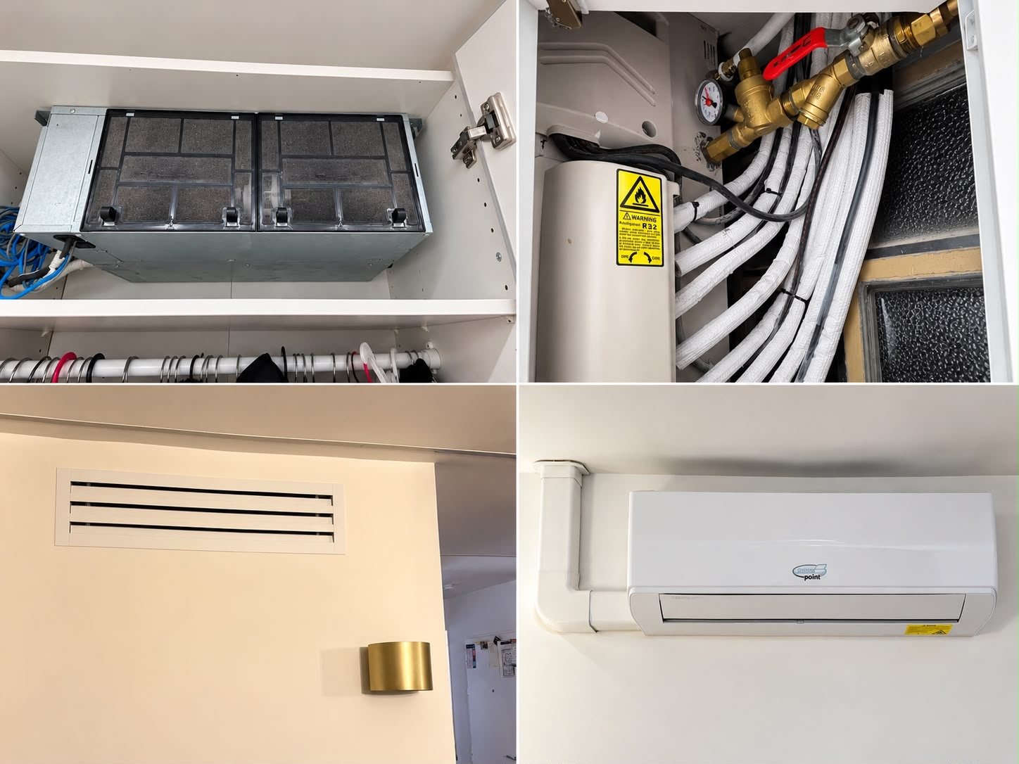 Climatisation à eau perdue à Paris : équipements cachés dans les placards, raccordements, grille de soufflage et unité murale