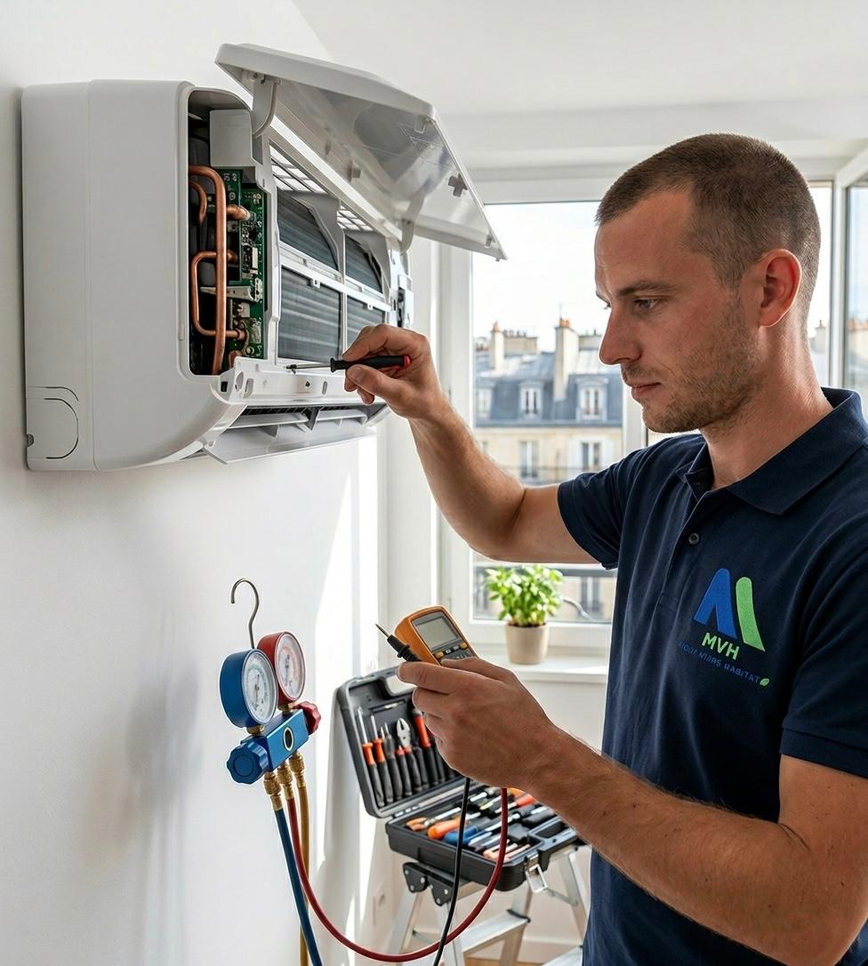 Technicien Mieux Vivre Habitat en dépannage sur une climatisation