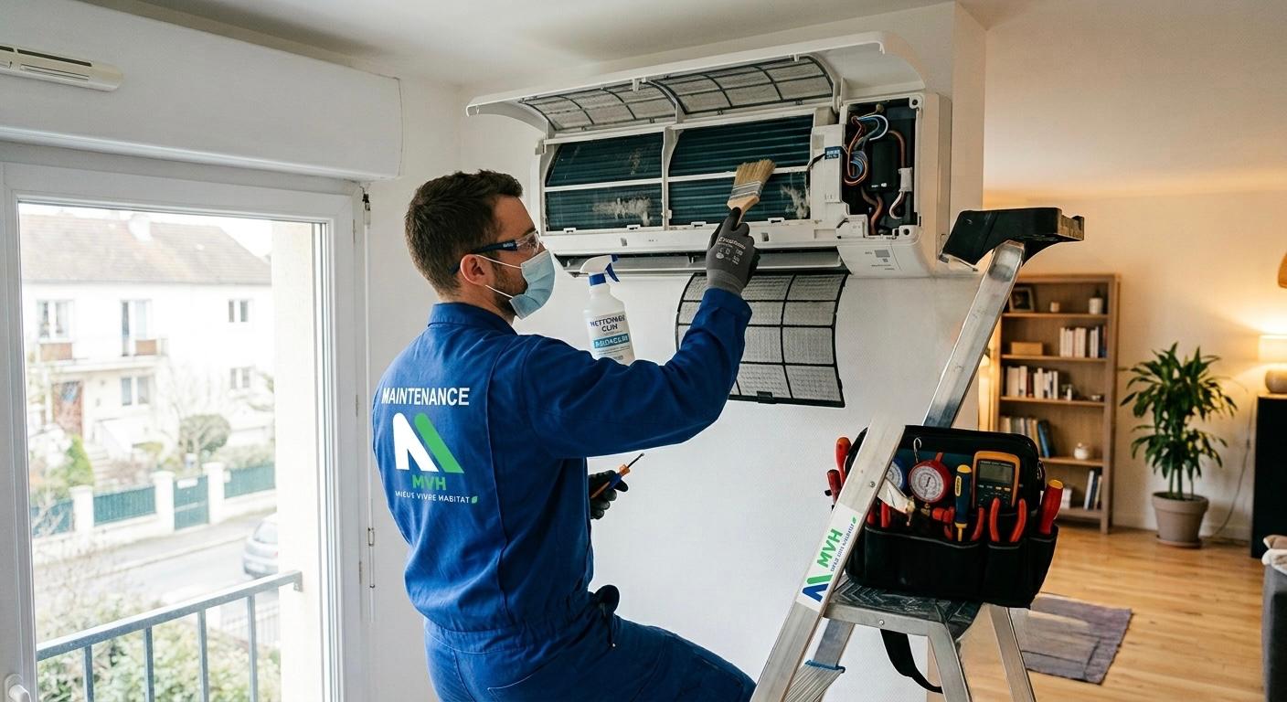 Technicien Mieux Vivre Habitat nettoyant un climatiseur mural